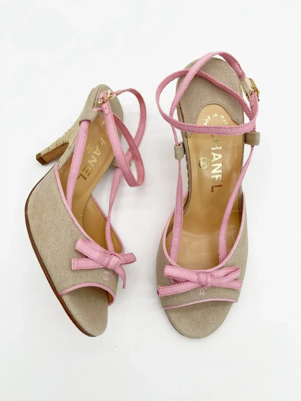 Chanel Vintage Beige Canvas Pink Grosgrain CC Bow Strappy Sandals Heels EU 36